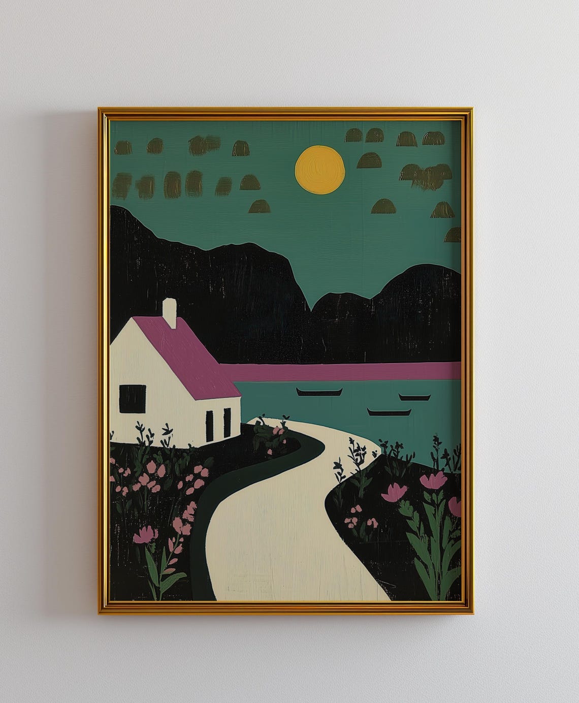 Scandi Cottage by Moonlit Lake Night Folk Art Painting Poster