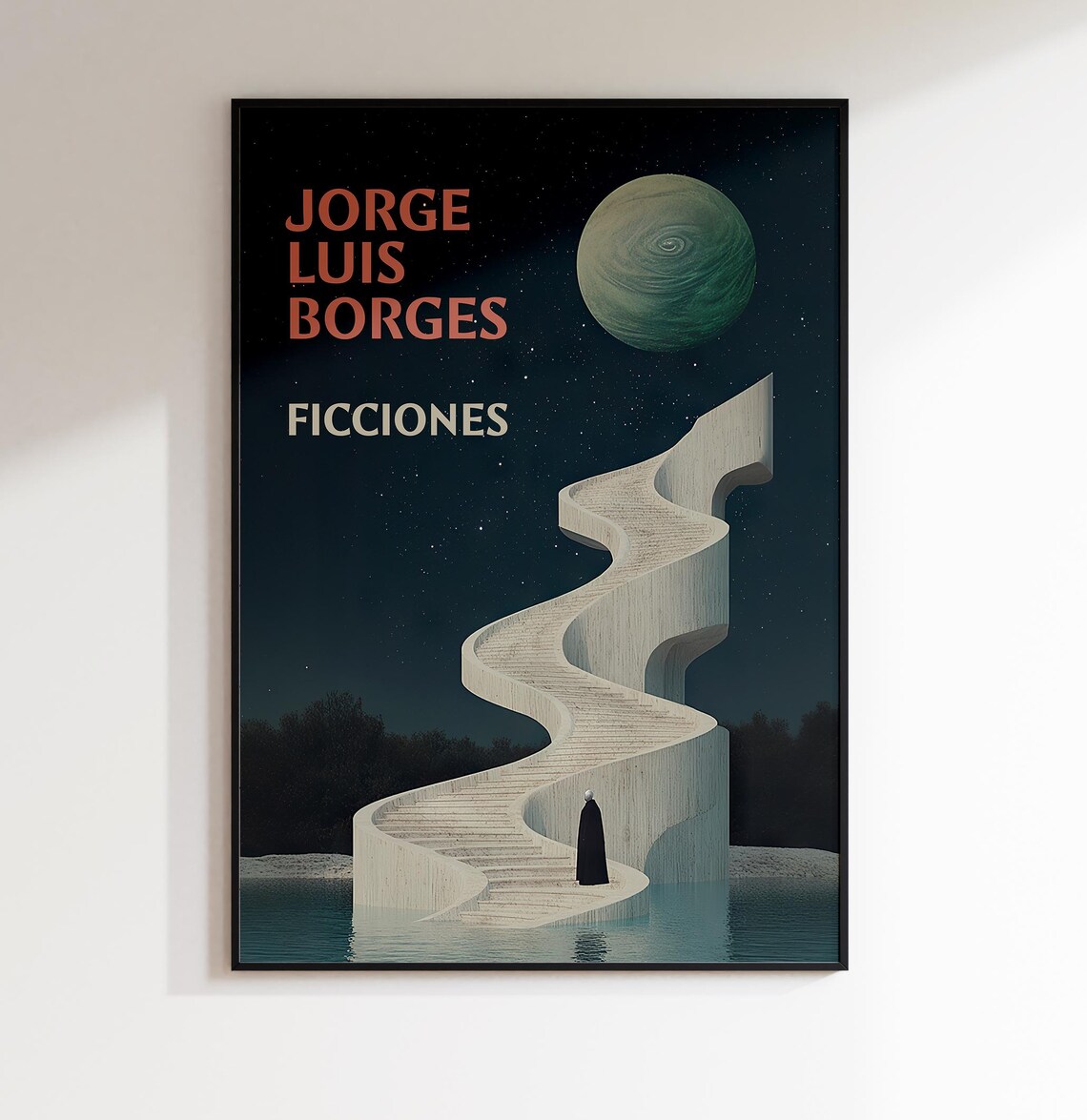 Borges Ficciones Spiral Staircase Rising To Planet Surreal Poster
