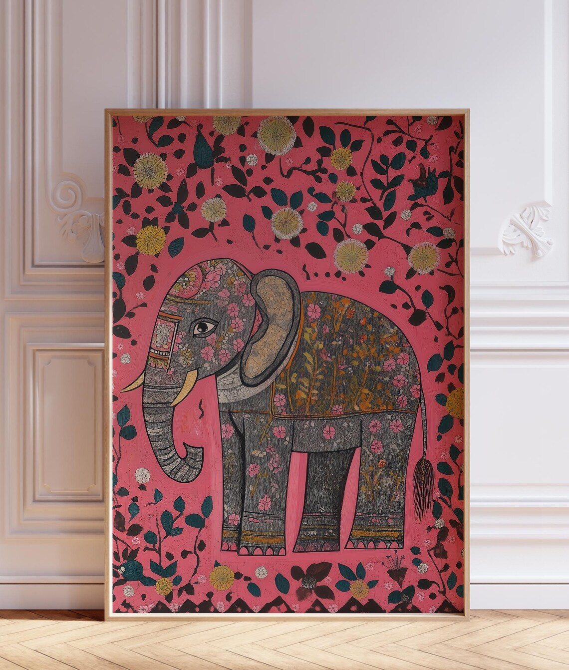 Madhubani Pink Elephant Indian Folk Art Patterned Floral Print - Image 2