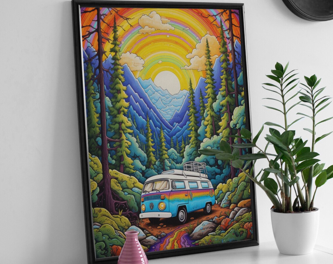 Hippie VW Camper Van Mountain Rainbow Sunset Adventure Poster - Image 3
