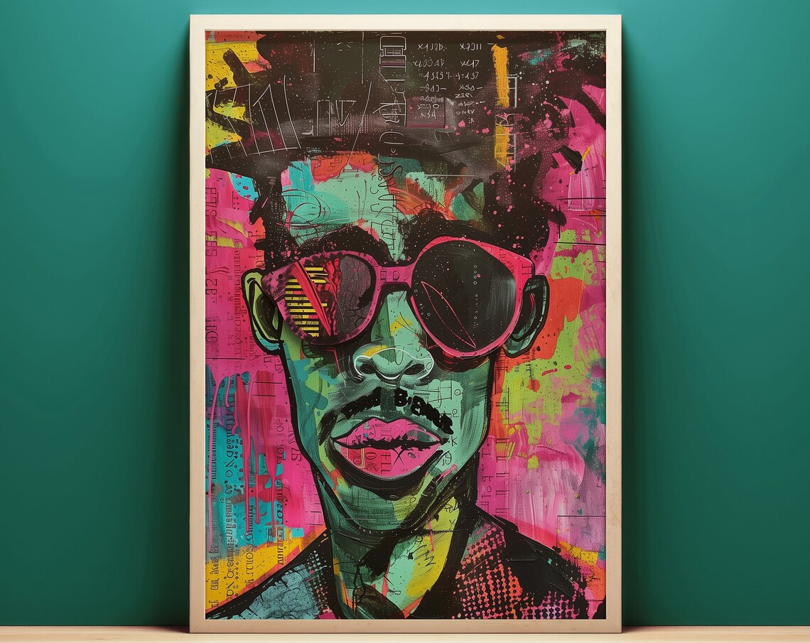 Colorful Pop Art Man Portrait Print Pink Sunglasses Graffiti Style