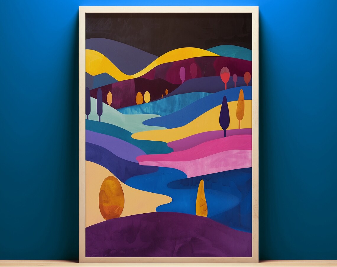 Colorful Rolling Hills Night Modern Art Deco Landscape Poster