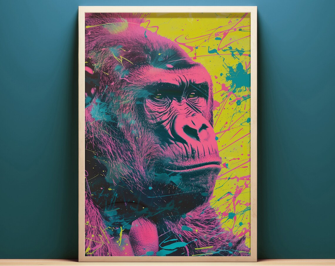 Neon Gorilla Pop Art Portrait Print Vibrant Colorful Animal Wall Decor