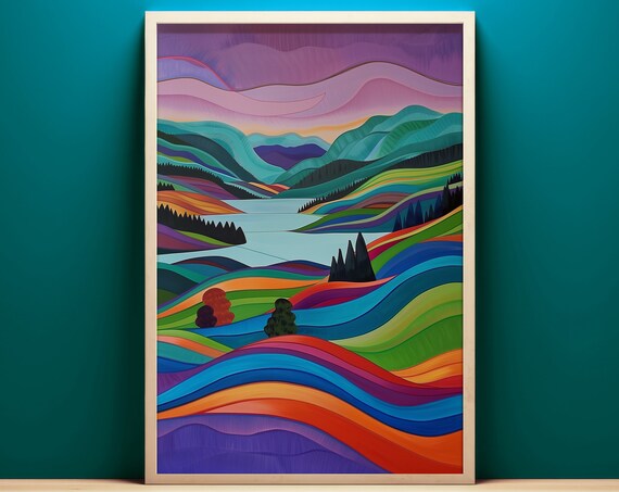 Eclectic Art Deco Landscape Scenery Wall Art Instant Colorful Surrealist Mountain Landscape Vibrant Maximalist Painting
