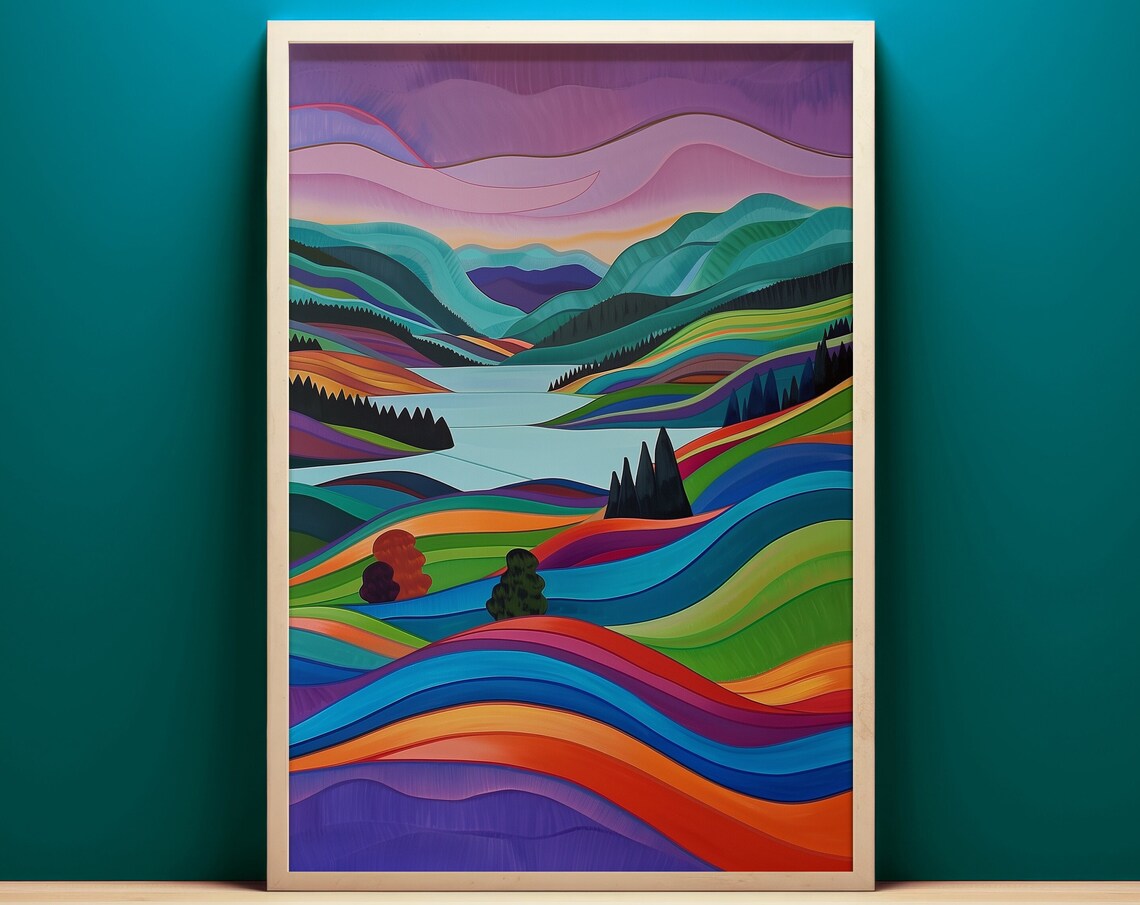 Rainbow Hills Lake Sunset Modern Art Deco Landscape Art Poster