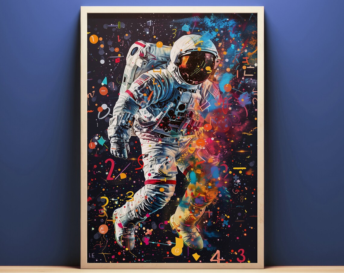 Colorful Astronaut Floating in Cosmic Paint Splatter Space Poster
