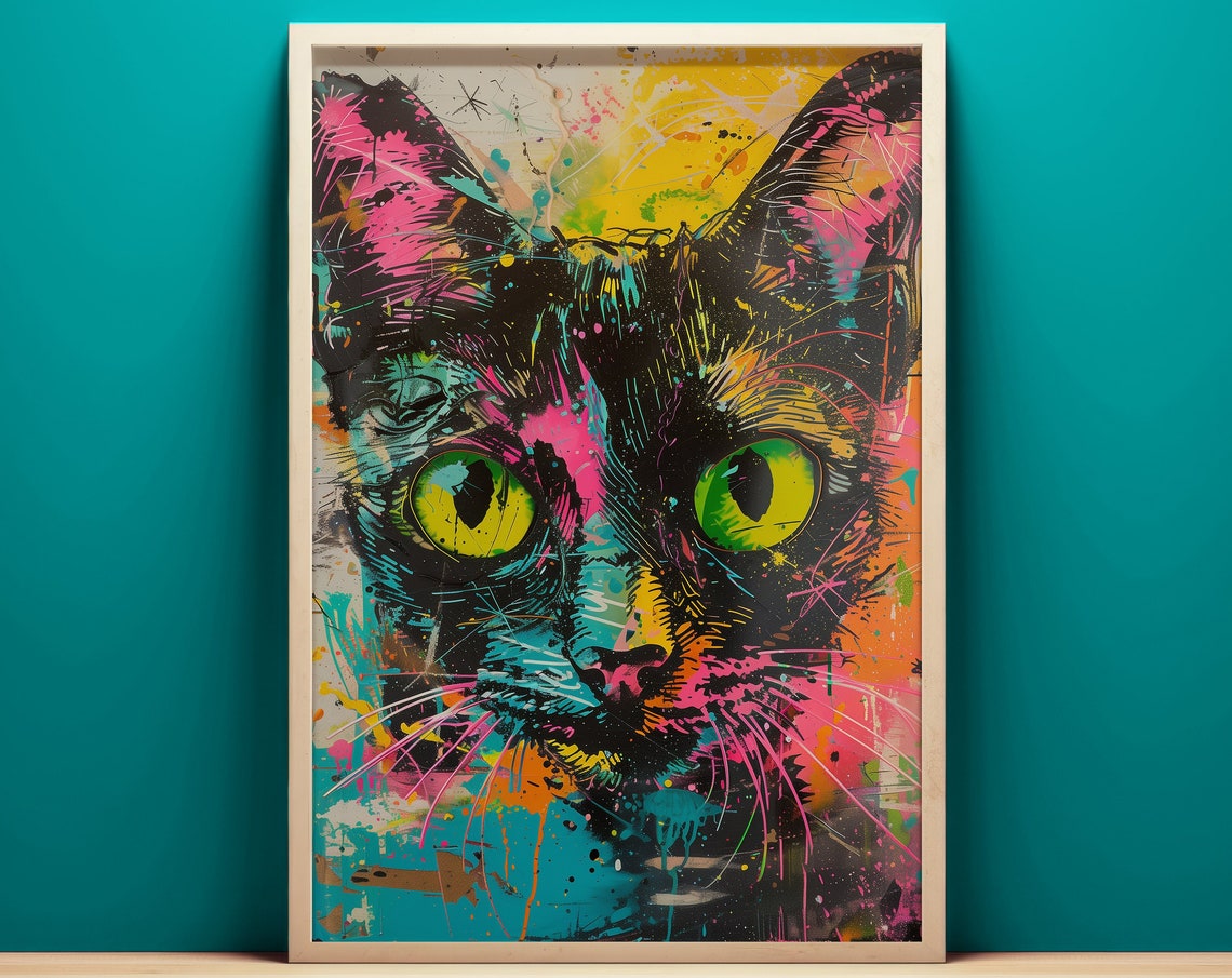 Neon Pop Art Cat Portrait Piercing Green Eyes Graffiti Style Print