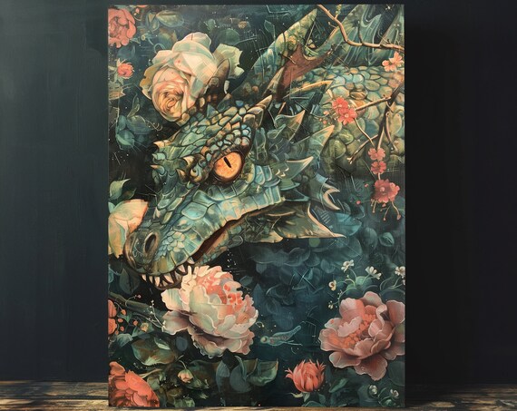Cottagecore Dragon Painting Wall Art Instant Mythical Dark Cottagecore Art Print Teal Moody Dragon Mythology Art