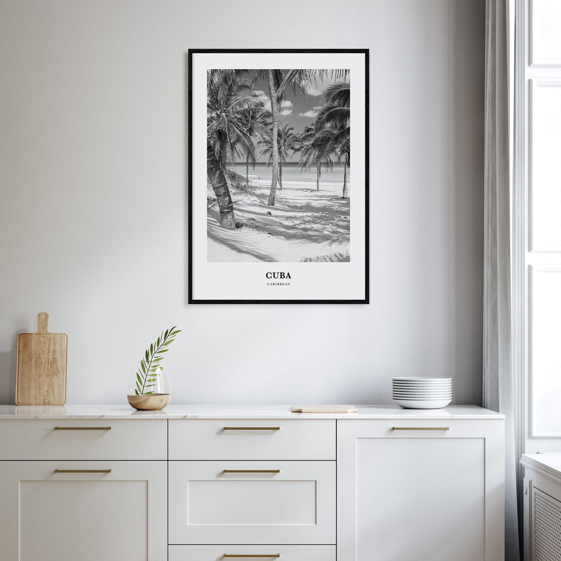 Cuba Caribbean Leaning Palms Beach Black and White Travel Poster - Image 2