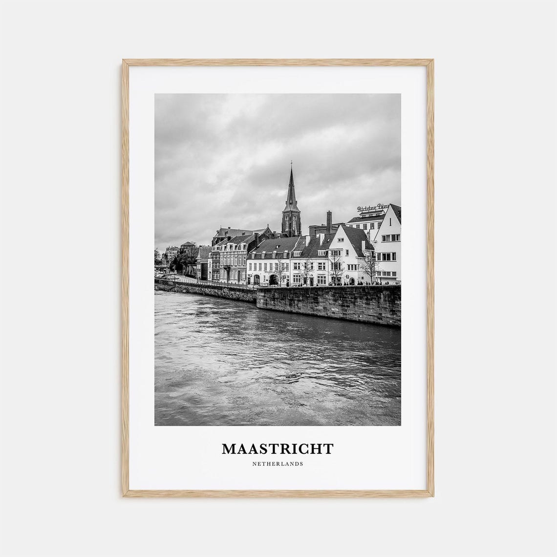 Maastricht Netherlands Riverside Black and White Travel Poster