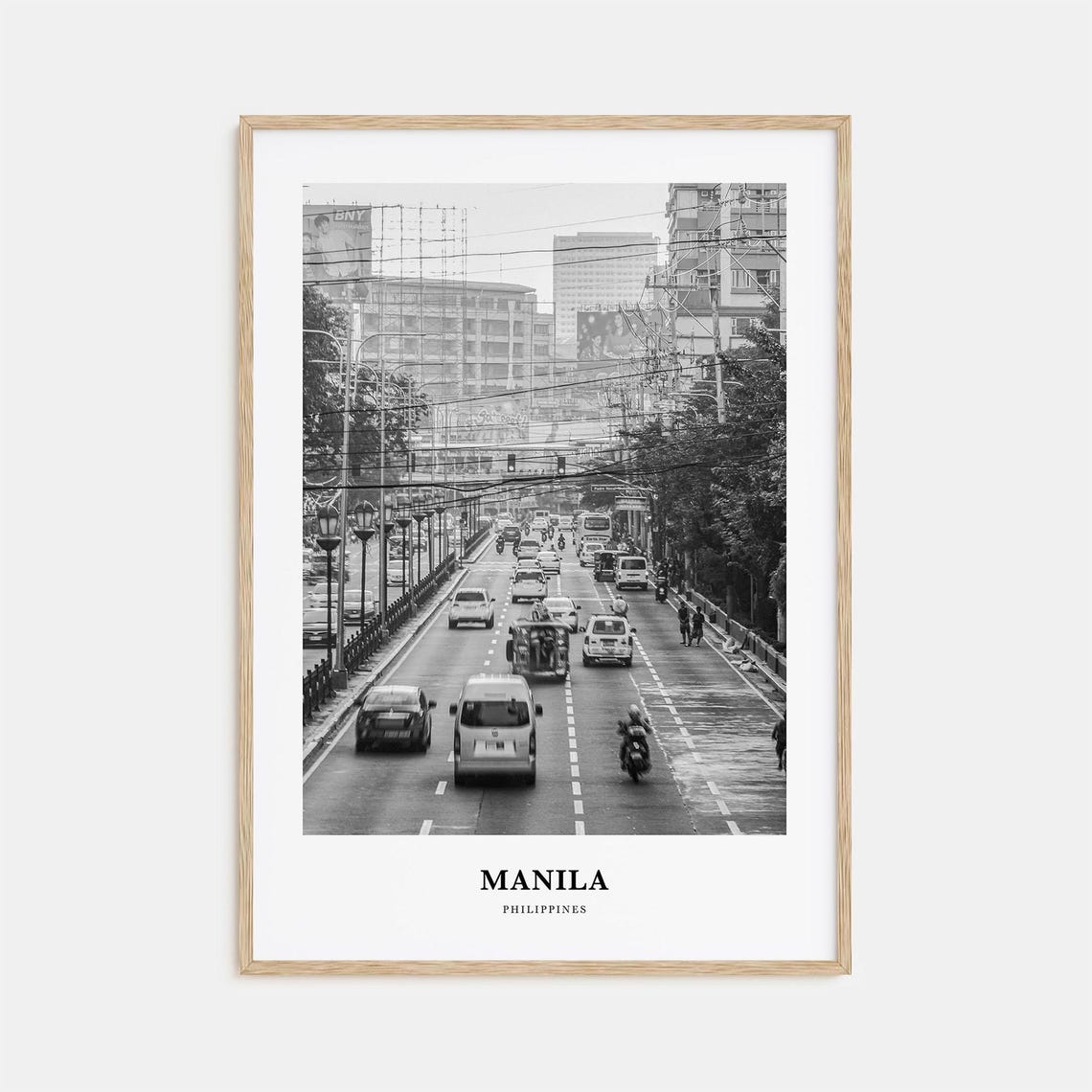 Manila Philippines Busy Avenue Black and White Cityscape Poster