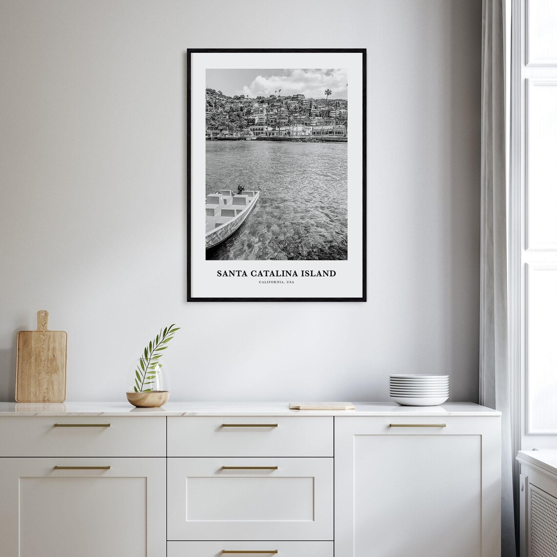 Santa Catalina Island California Harbor Boat Black White Poster - Image 2