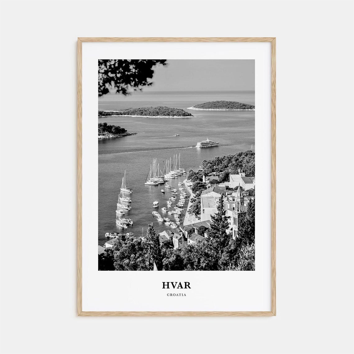 Hvar Croatia Bay Harbor Sailboats Black and White Travel Poster