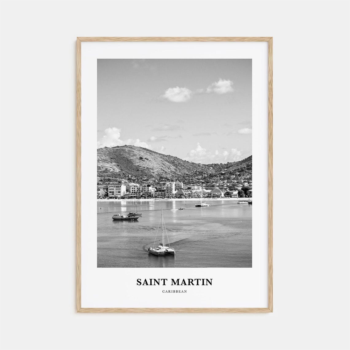 Saint Martin Caribbean Harbor Boats Black and White Travel Poster