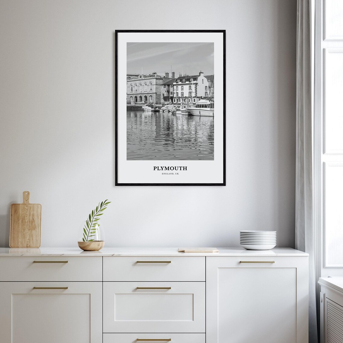 Plymouth England Harbor Boats Waterfront Black and White Poster - Image 2