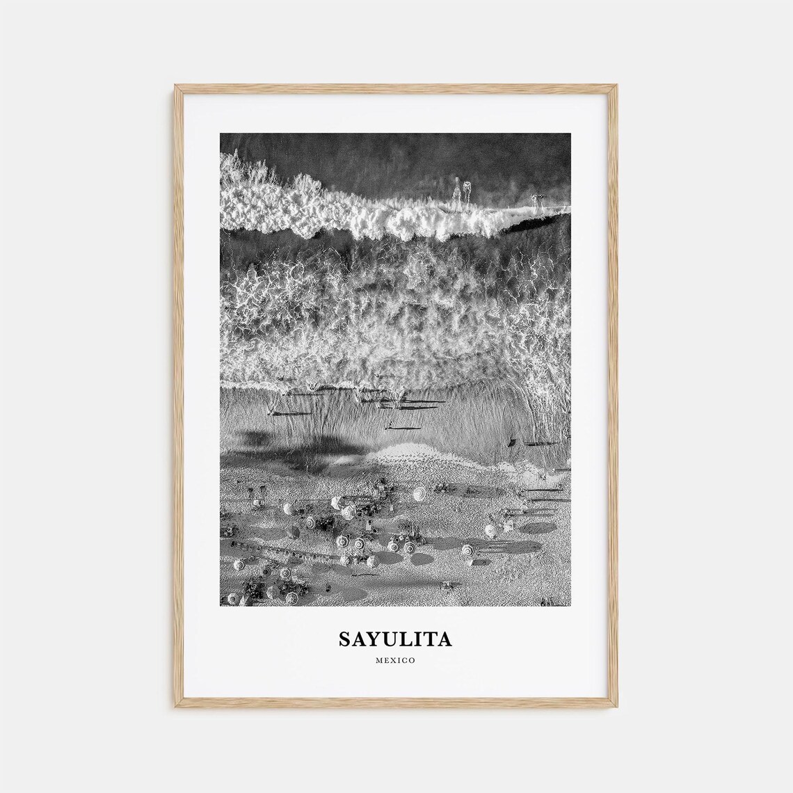 Sayulita Mexico Aerial Beach Waves Black White Surf Town Photo Poster