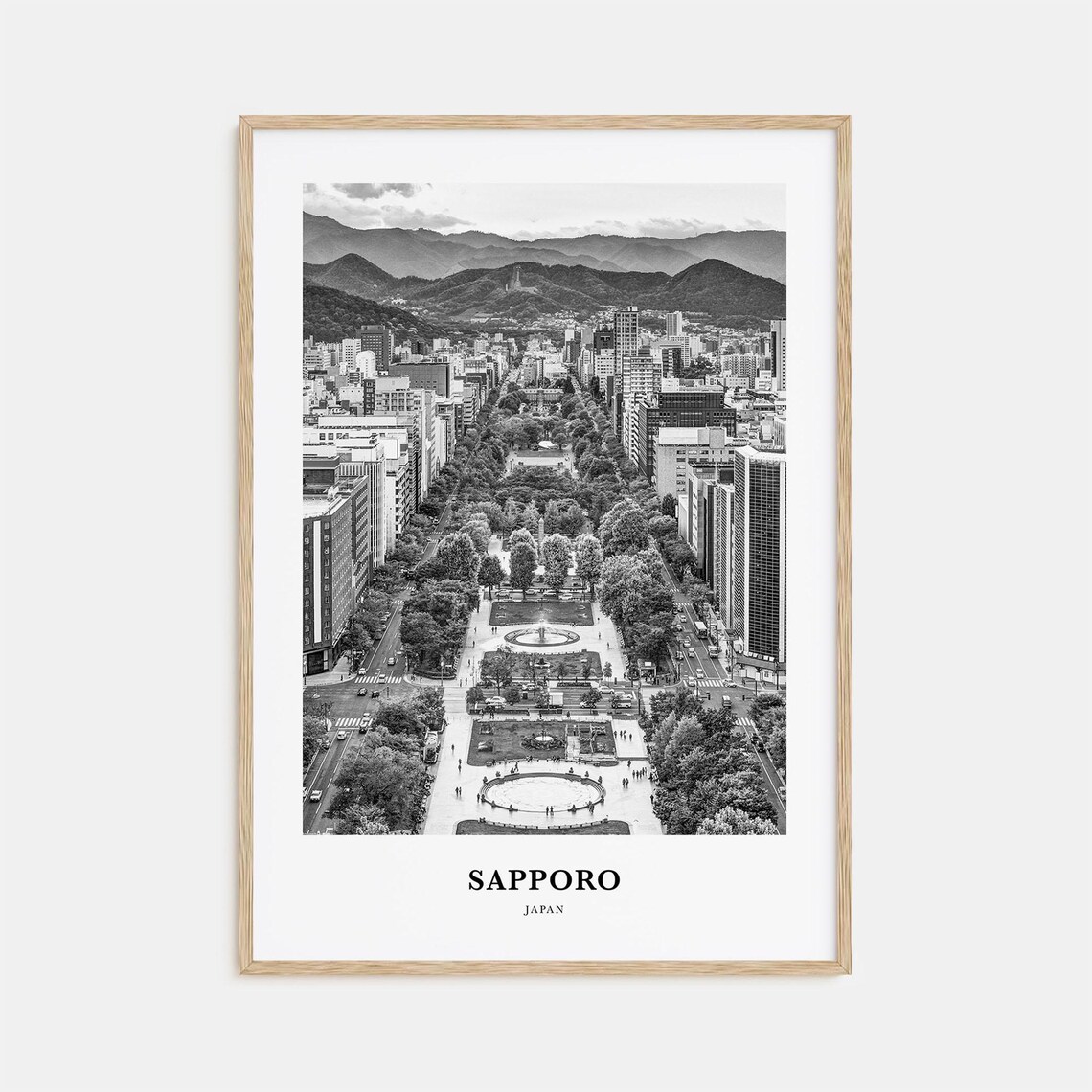 Sapporo Japan Aerial City View Odori Park Black and White Poster