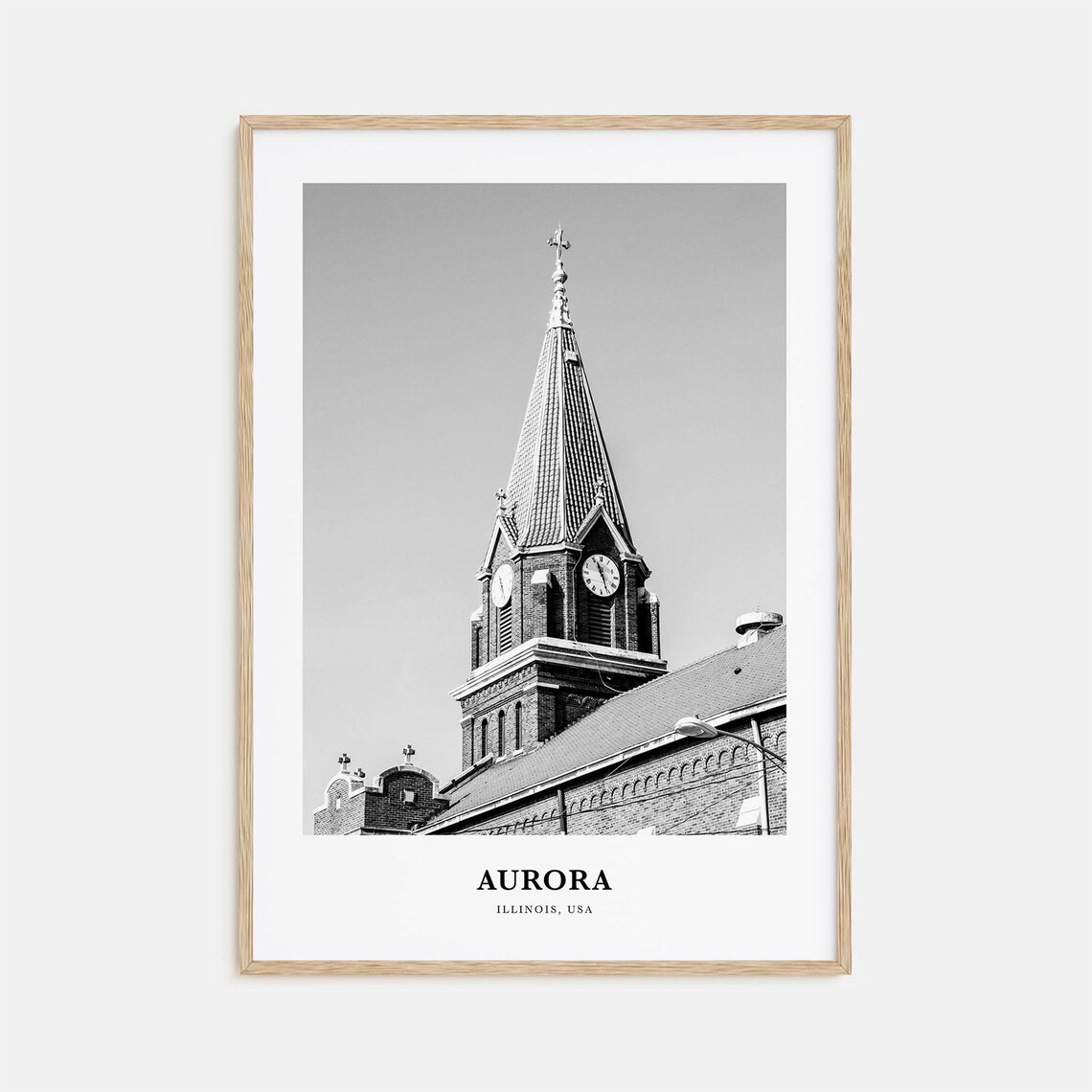 Aurora Illinois Historic Church Clock Tower Black White Poster