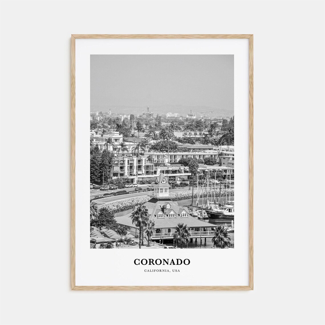 Coronado California Harbor Bay Aerial Black and White Travel Poster