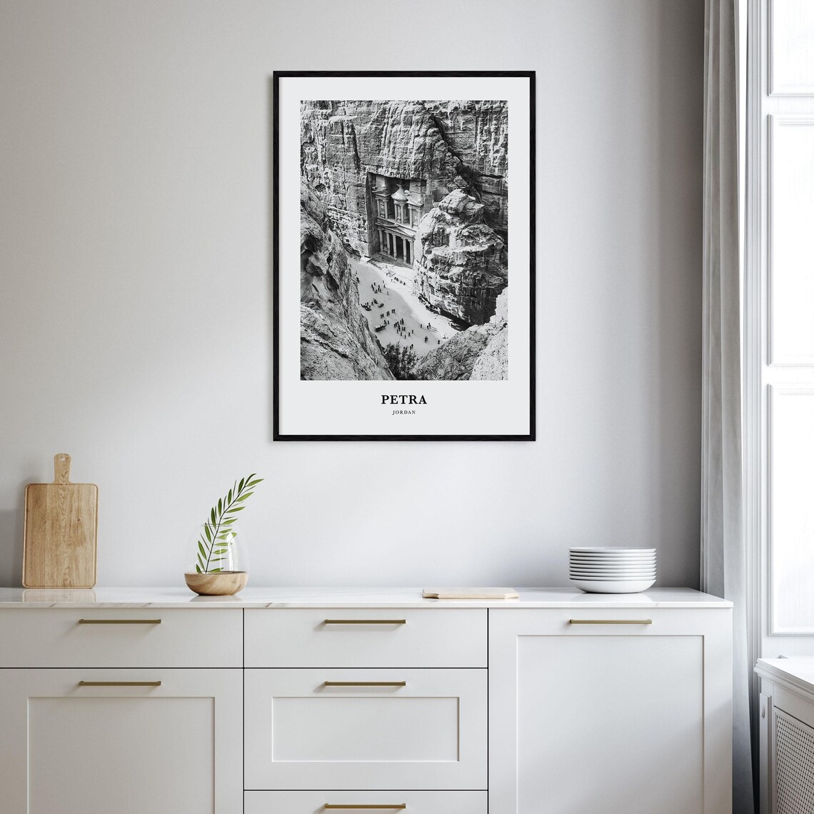Petra Jordan Treasury Al-Khazneh Rock Facade Black and White Poster - Image 2
