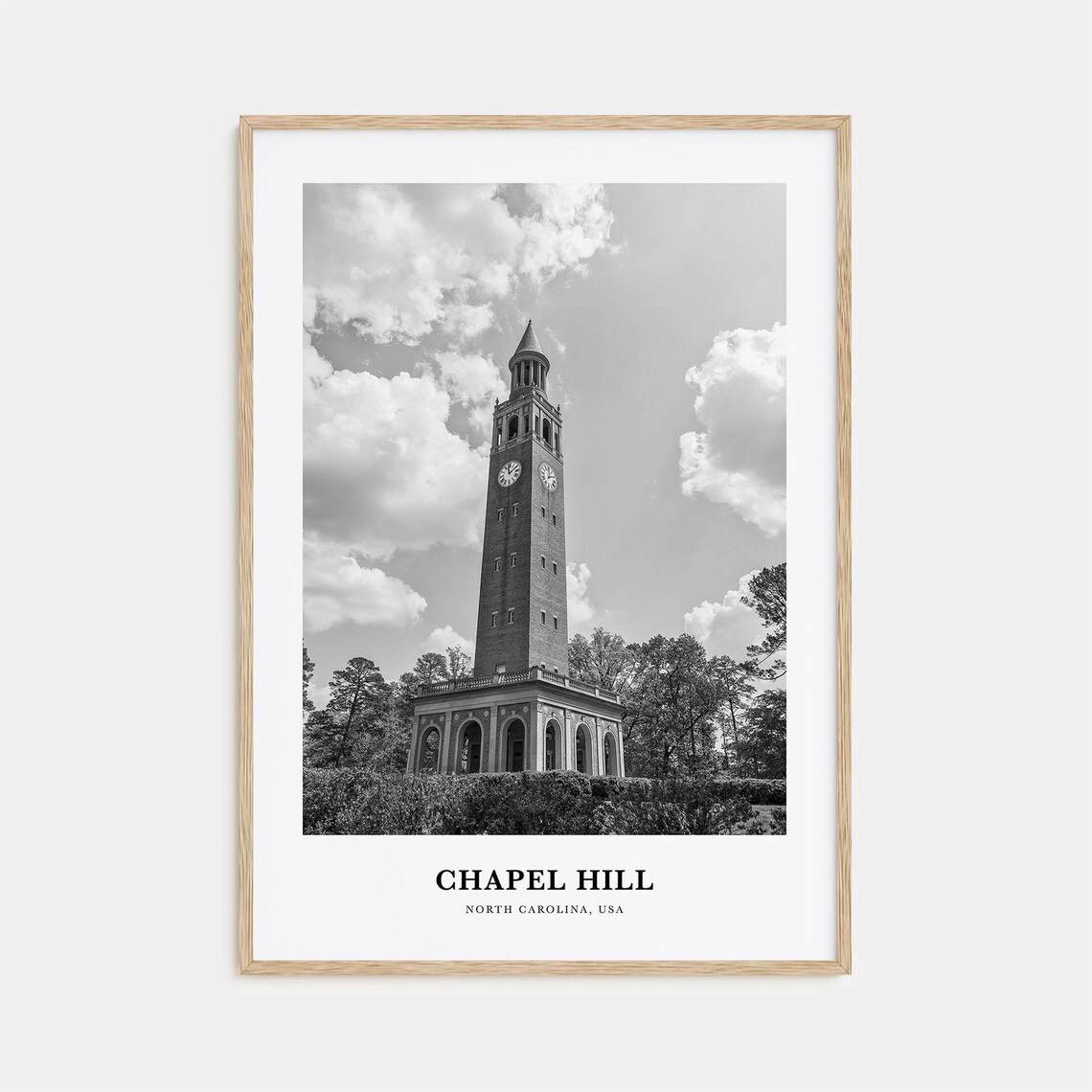 Chapel Hill Historic Bell Tower Black and White Campus Travel Poster