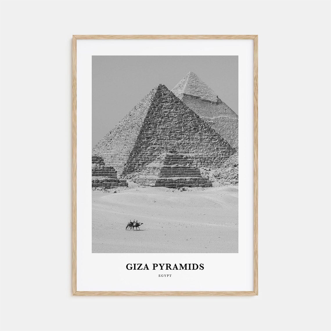 Giza Pyramids Egypt Camel Crossing Desert Black and White Poster