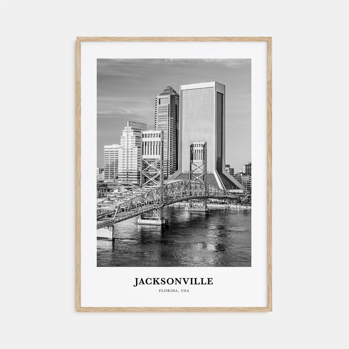 Jacksonville Florida Main Street Bridge Skyline Black and White Poster