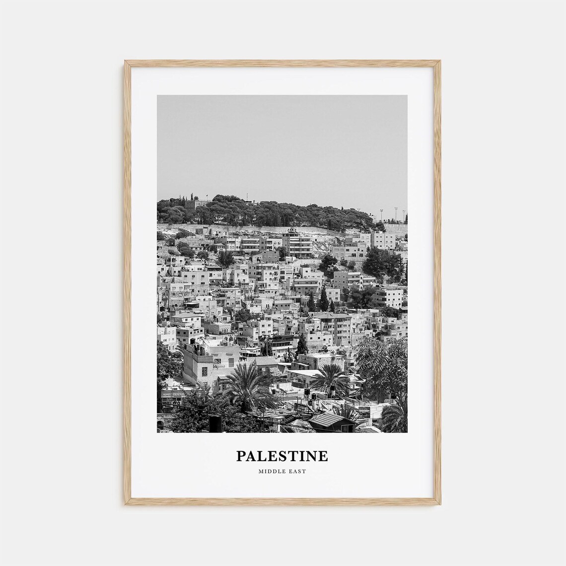 Palestine Middle East Hillside Cityscape Black and White Travel Poster