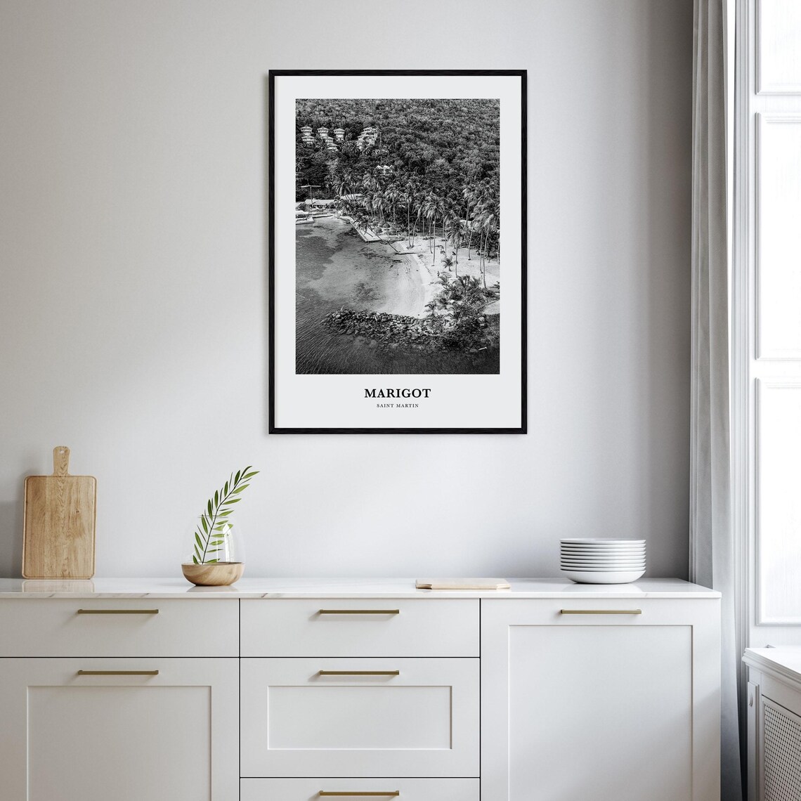 Marigot Saint Martin Palm Beach Aerial Coastline Black White Poster - Image 2