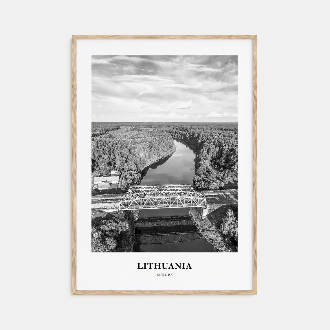 Lithuania Railway Bridge Forest River Aerial Black White Poster