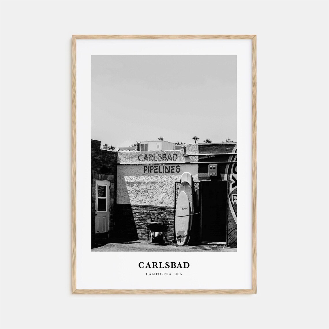 Carlsbad California Surf Shop Wall Black White Travel Poster