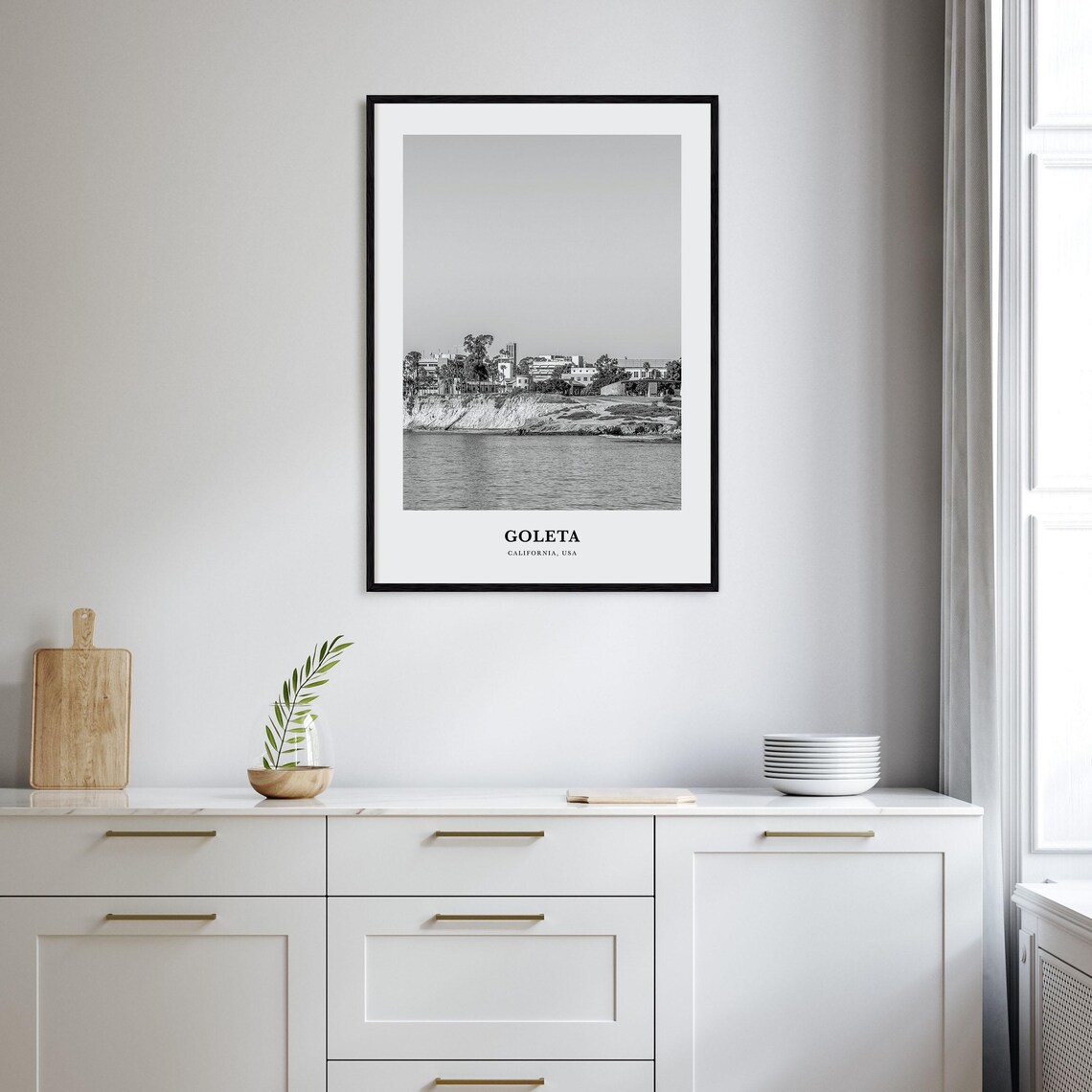 Goleta California Coastal Cliffs Town Black and White Poster - Image 2