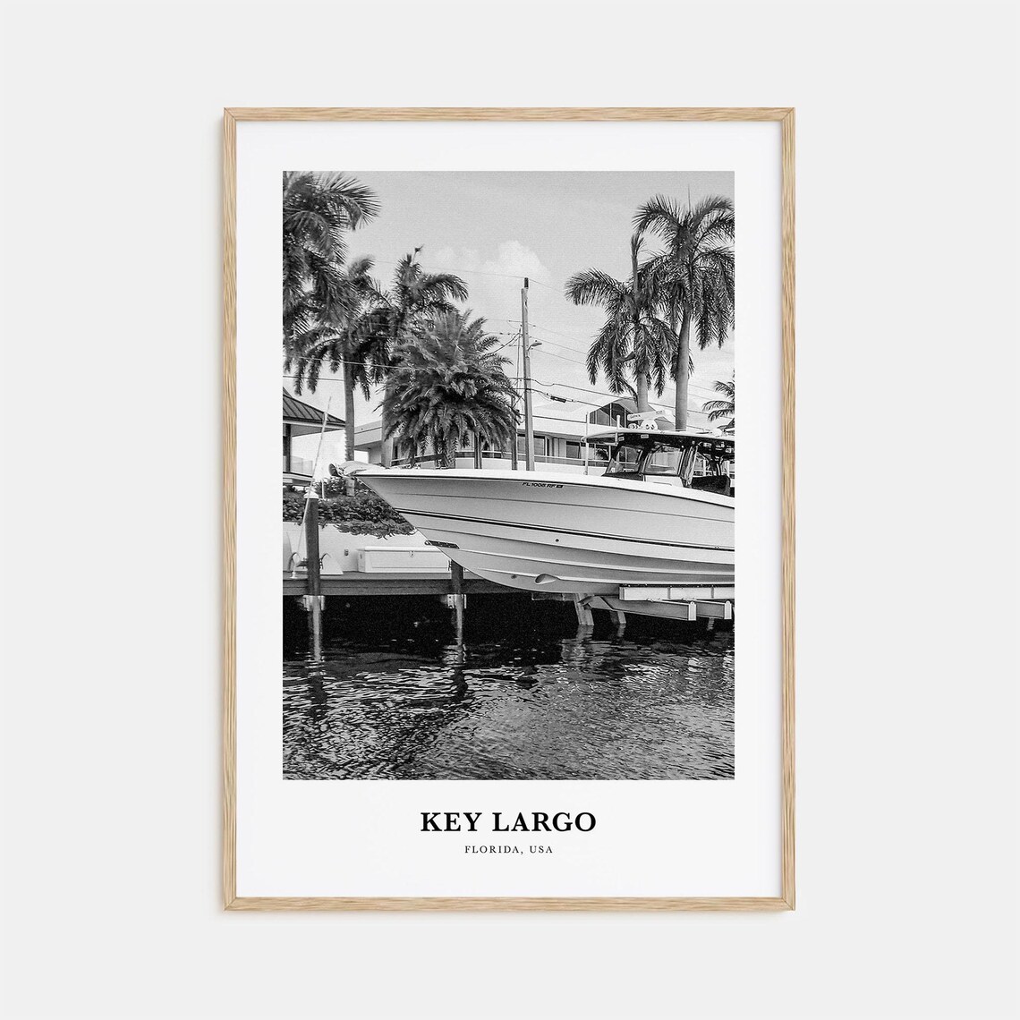 Key Largo Florida Black and White Harbor Boat Scene Photo Poster