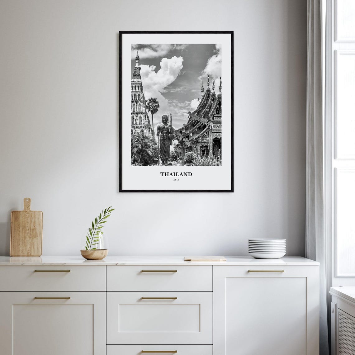 Thailand Buddhist Temple with Monk Statue Black and White Poster - Image 2
