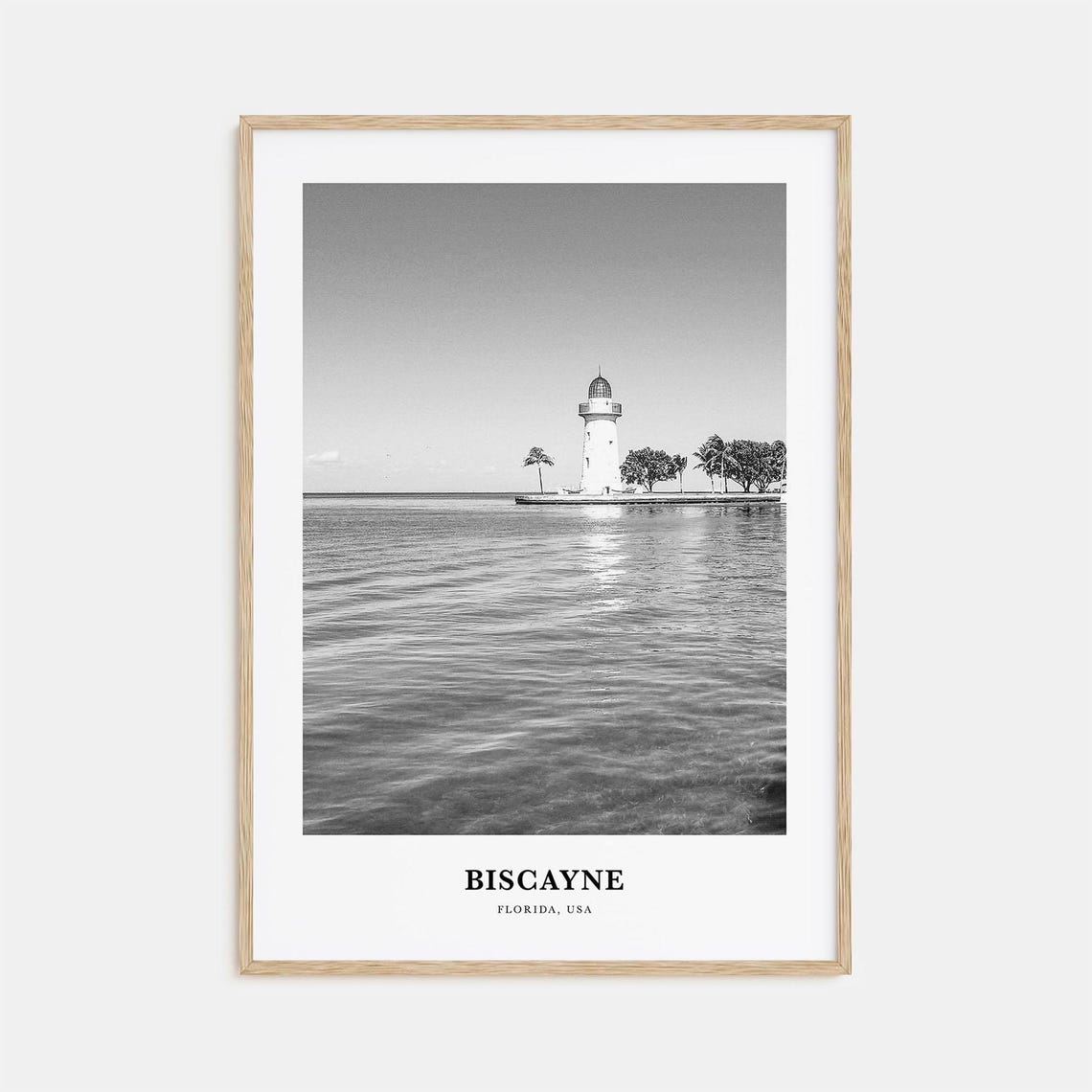 Biscayne Florida Lighthouse Bay View Black and White Travel Poster