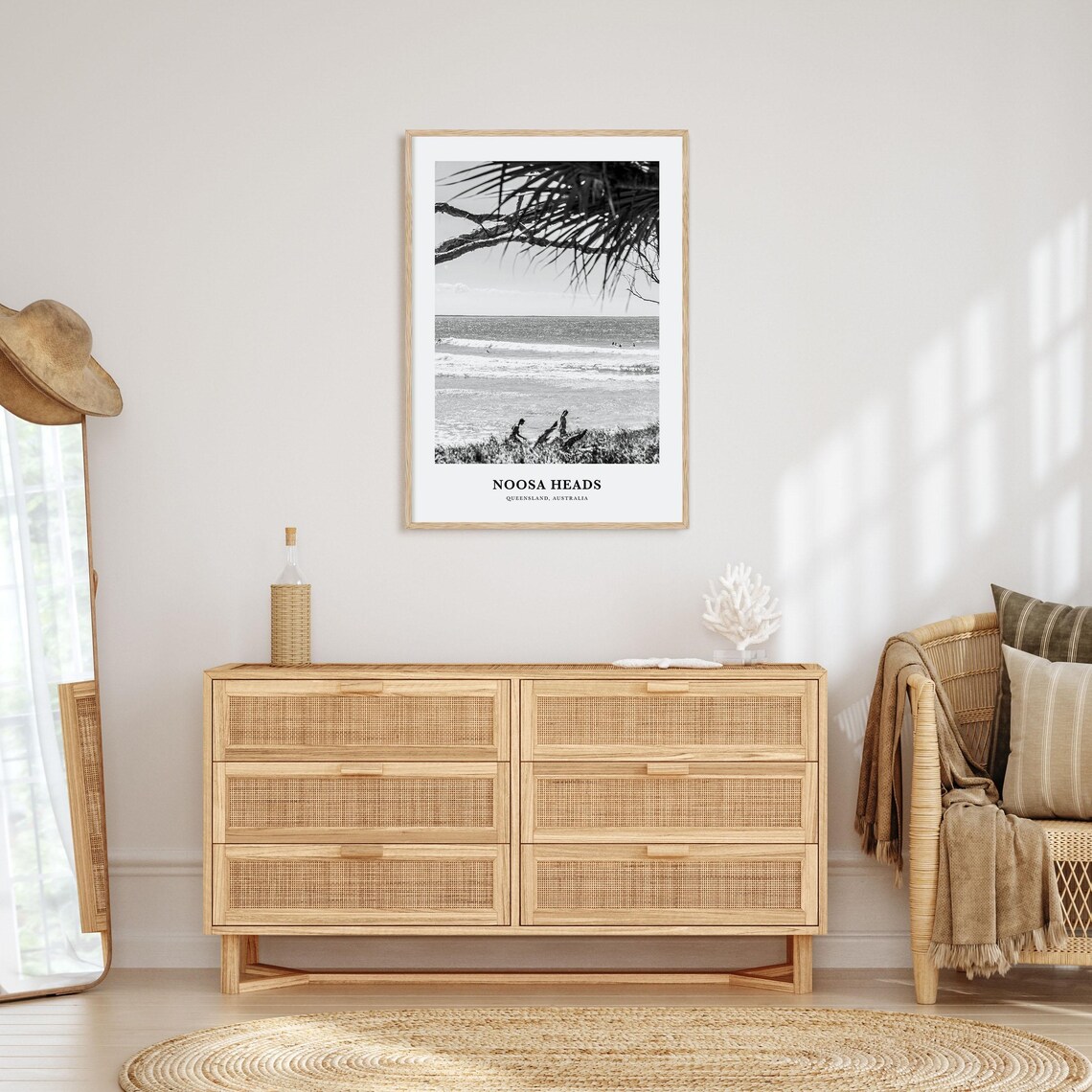 Noosa Heads Surf Beach Through Palm Fronds with Surfers Poster - Image 3