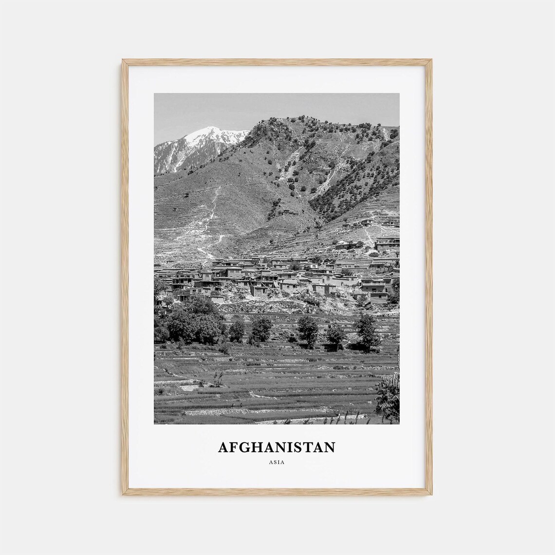 Afghanistan Mountain Village Terraced Fields Black and White Poster