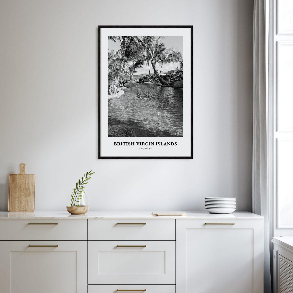 British Virgin Islands Palm Trees Lagoon Black and White Poster - Image 2
