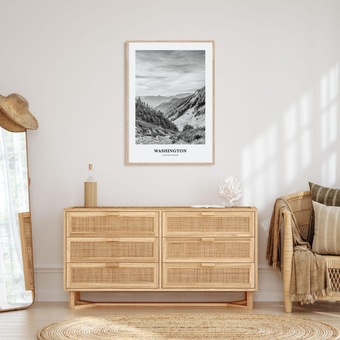 Washington State Forested Mountain Valley Ridges Black White Poster - Image 3