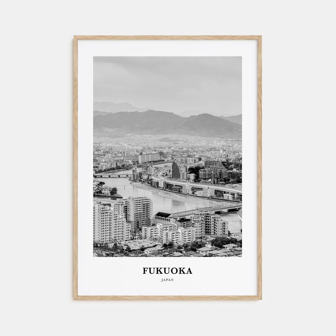 Fukuoka City Panorama with River Black and White Minimalist Poster
