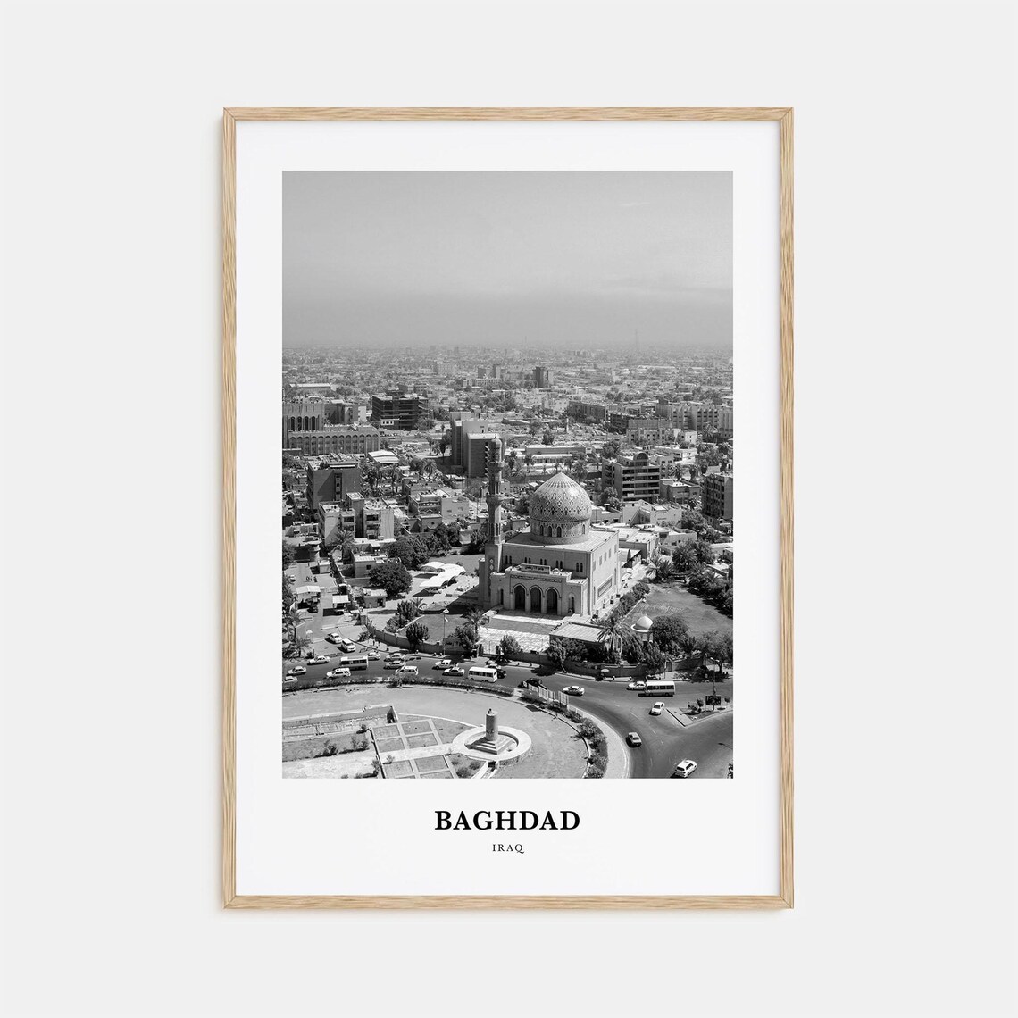 Baghdad Iraq City Skyline and Mosque Black and White Travel Poster