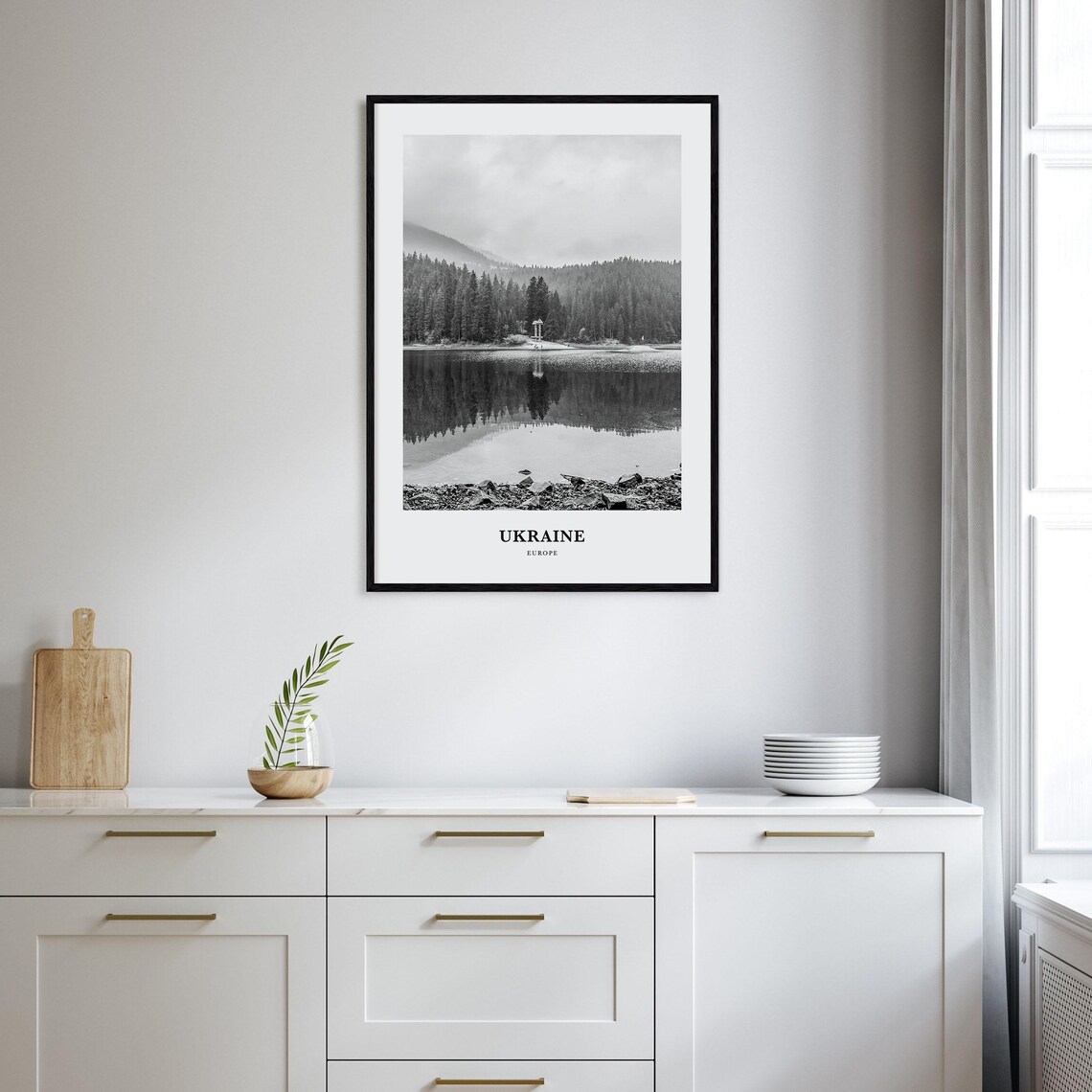 Ukraine Europe Forest Lake Mirror Reflection Black and White Poster - Image 2