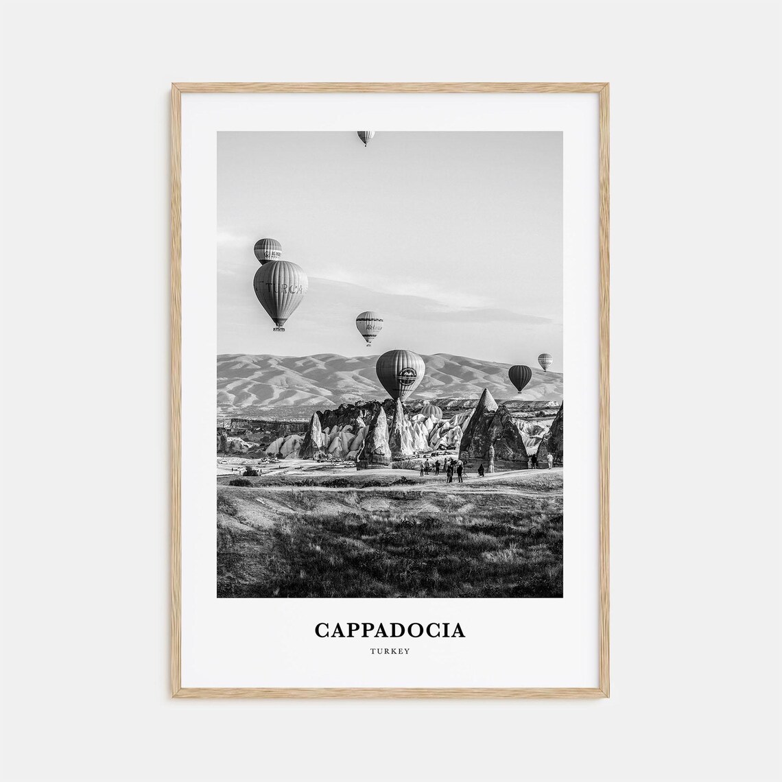Cappadocia Turkey Hot Air Balloons Black White Travel Poster