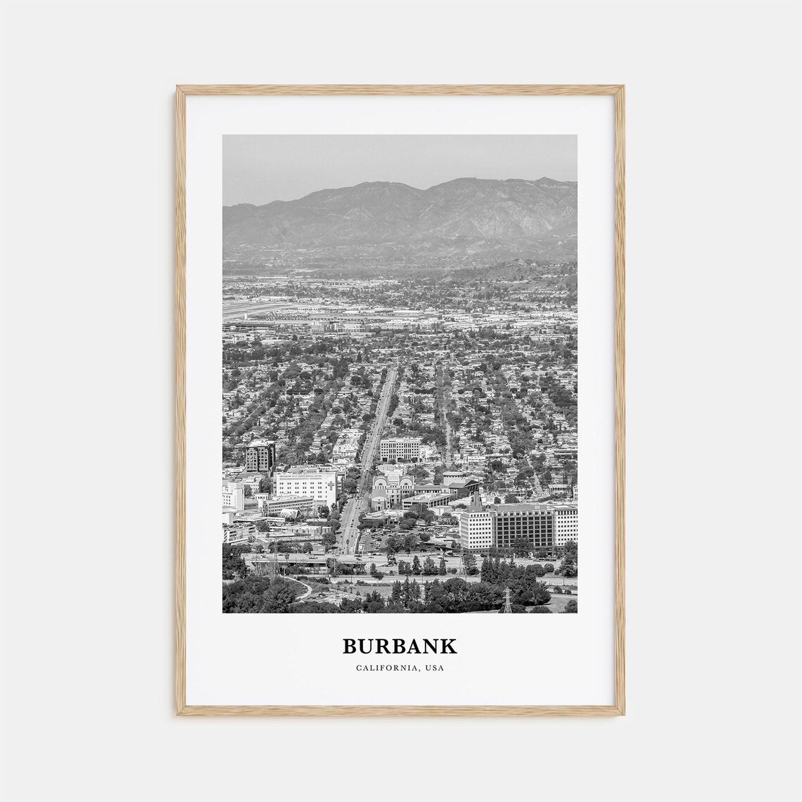 Burbank City Valley Panorama Mountain View Black and White Poster