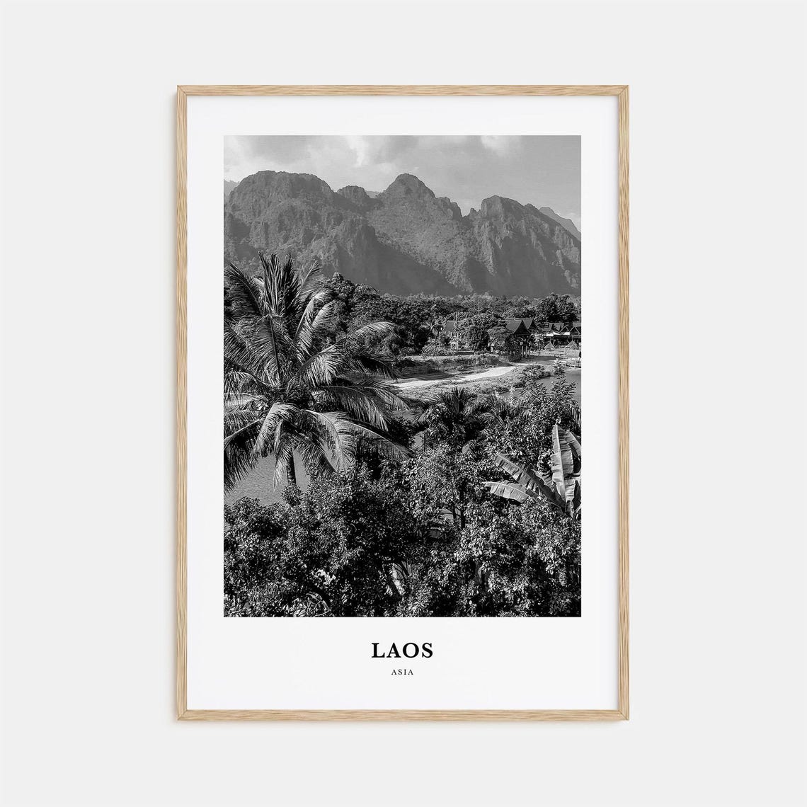 Laos Asia Karst Mountains Palm Trees Black And White Travel Poster