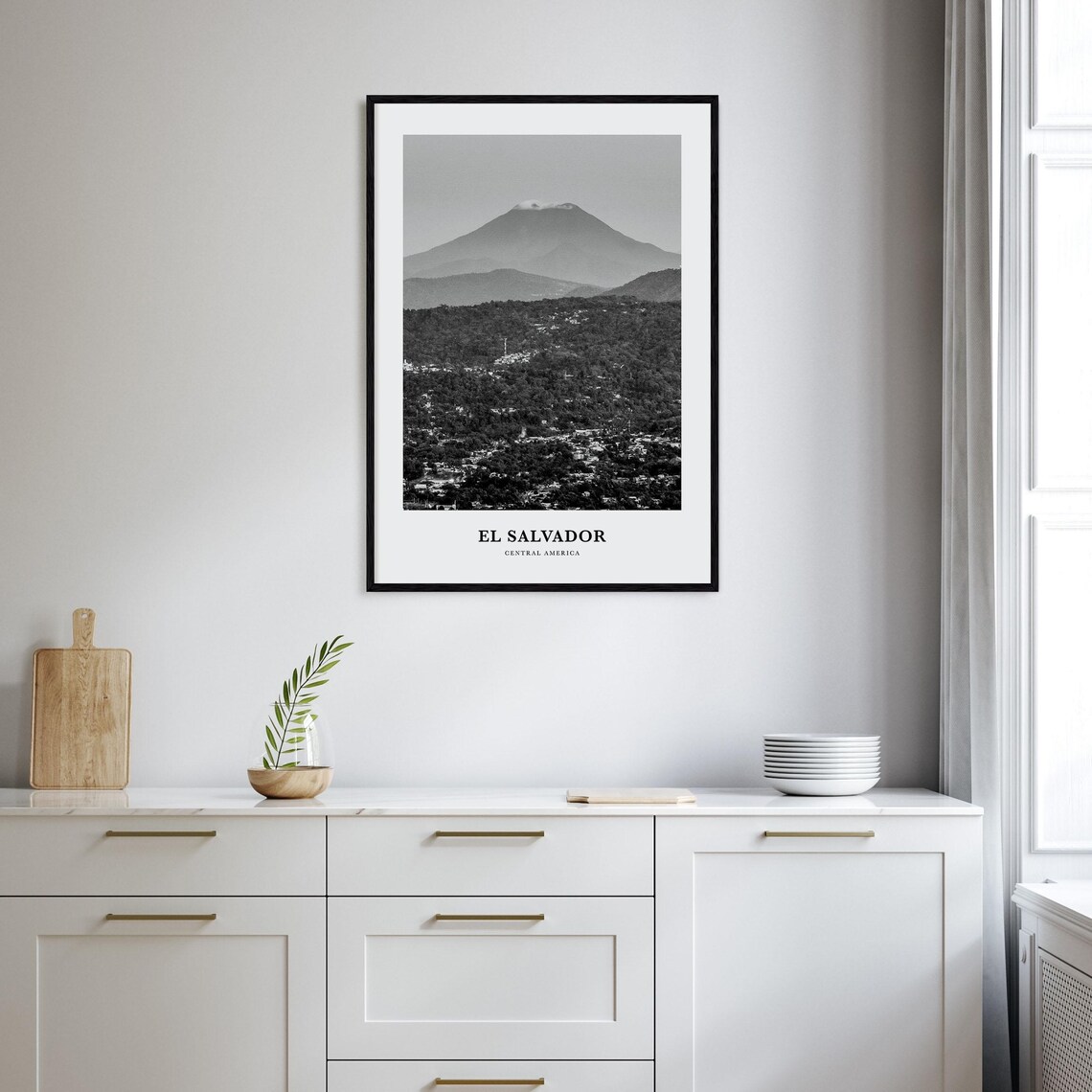 El Salvador Central America Volcano Above City Black White Poster - Image 2