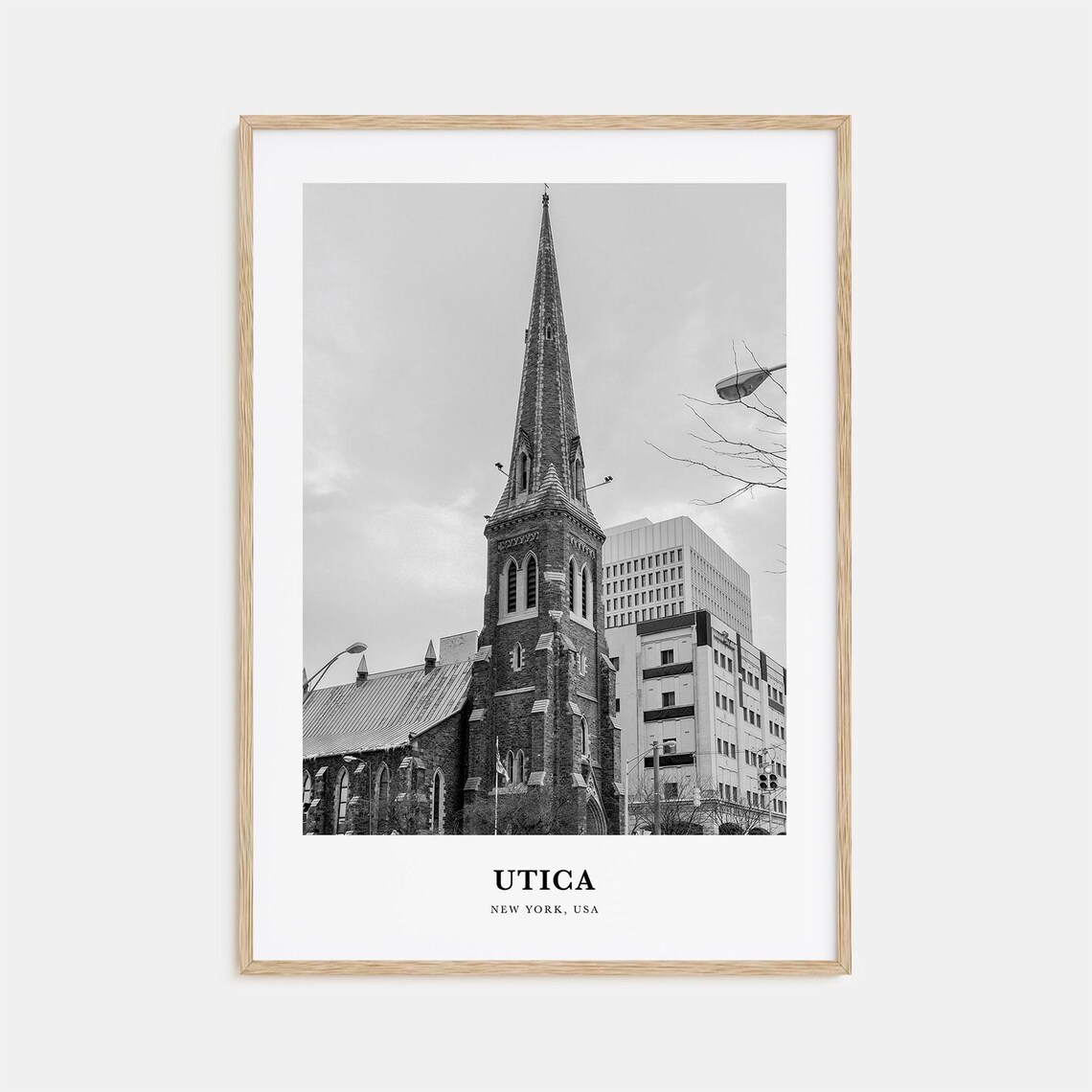 Utica New York Gothic Church Spire Street Monochrome Art Poster