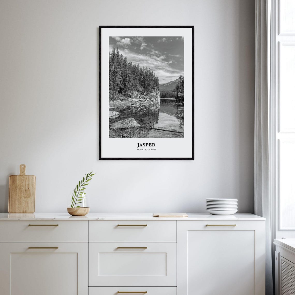 Jasper Alberta Canada Black and White Lake Reflection Poster - Image 2