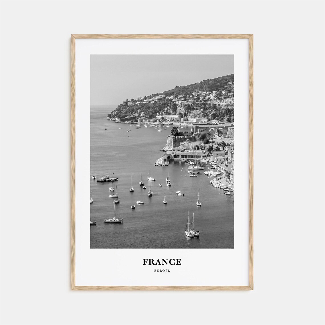 French Riviera Coast Curved Bay Harbor Sailboats Black White Poster