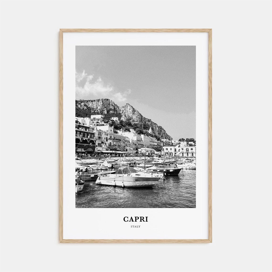 Capri Italy Marina Grande Harbor and Cliffs Black and White Poster
